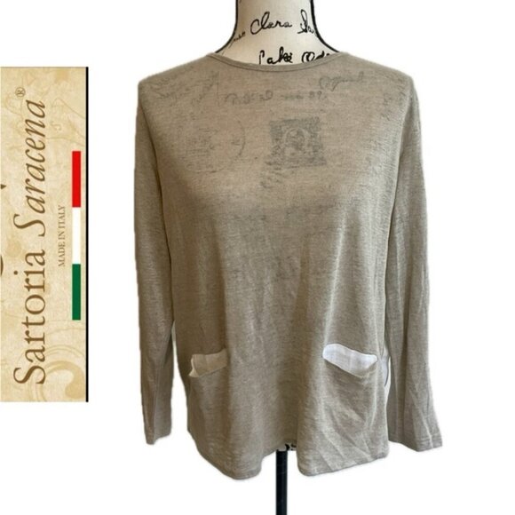 SARTORIAL SARACENA ANTHROPOLOGIE 100%LINEN BLOUSE SZ M TAN WHITE MADE IN ITALY - Picture 1 of 16